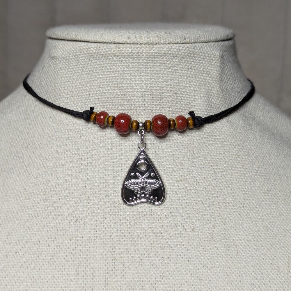 Ouija Planchette Stainless Charm Ceramic Beaded Red Silver Boho Gothic Necklace